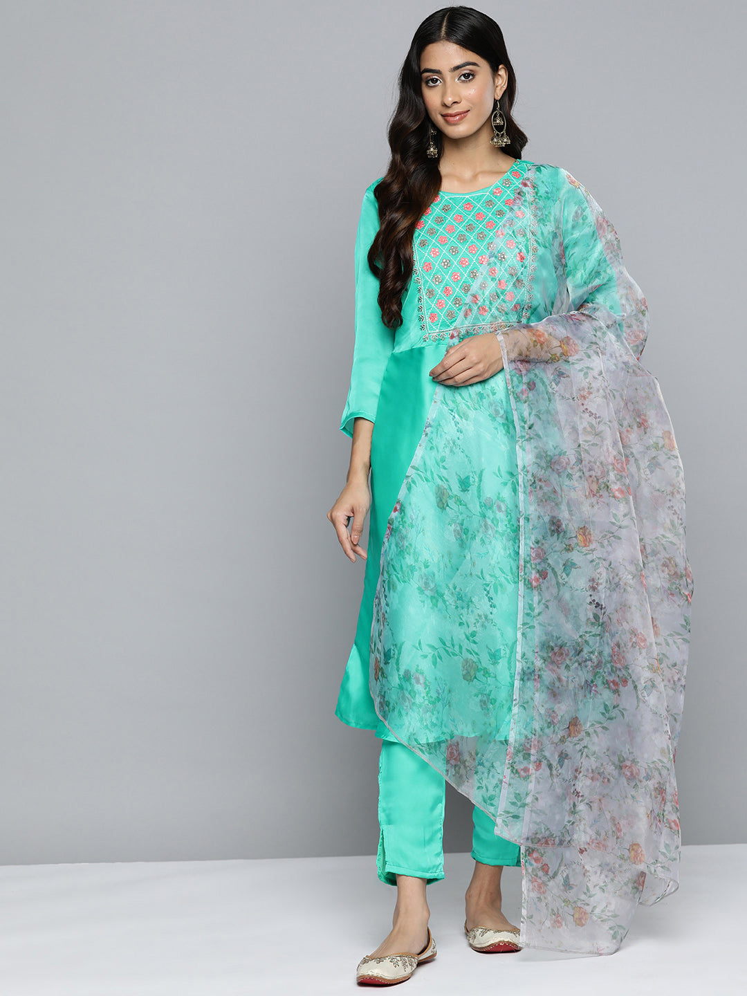 Jompers Women's Floral Embroidered Mirror Work Silk Georgette Kurta With Trousers & Dupatta - Blue - Distacart