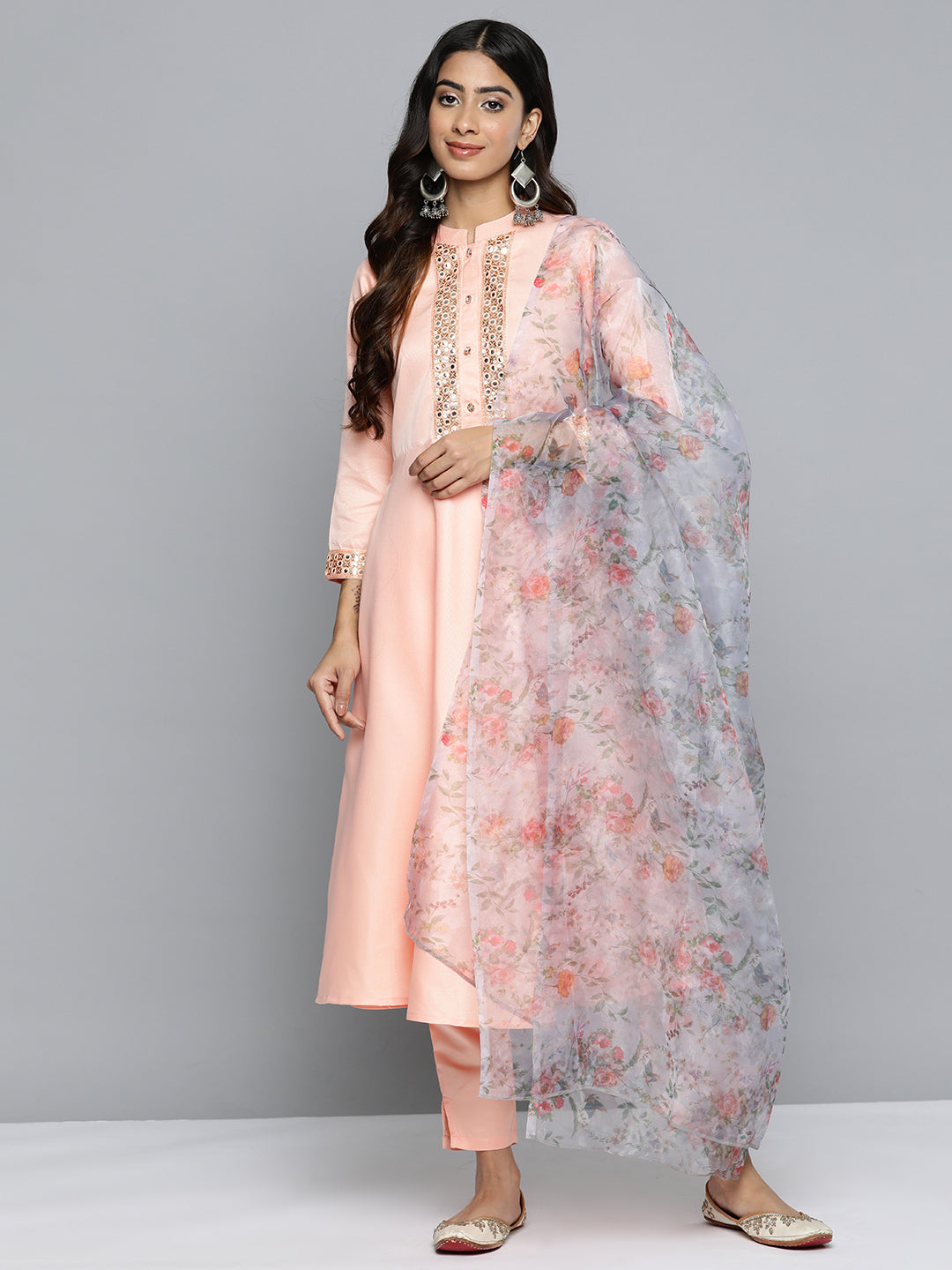 Jompers Women's Embroidered Mirror Work Kurta With Trousers & Dupatta - Peach - Distacart
