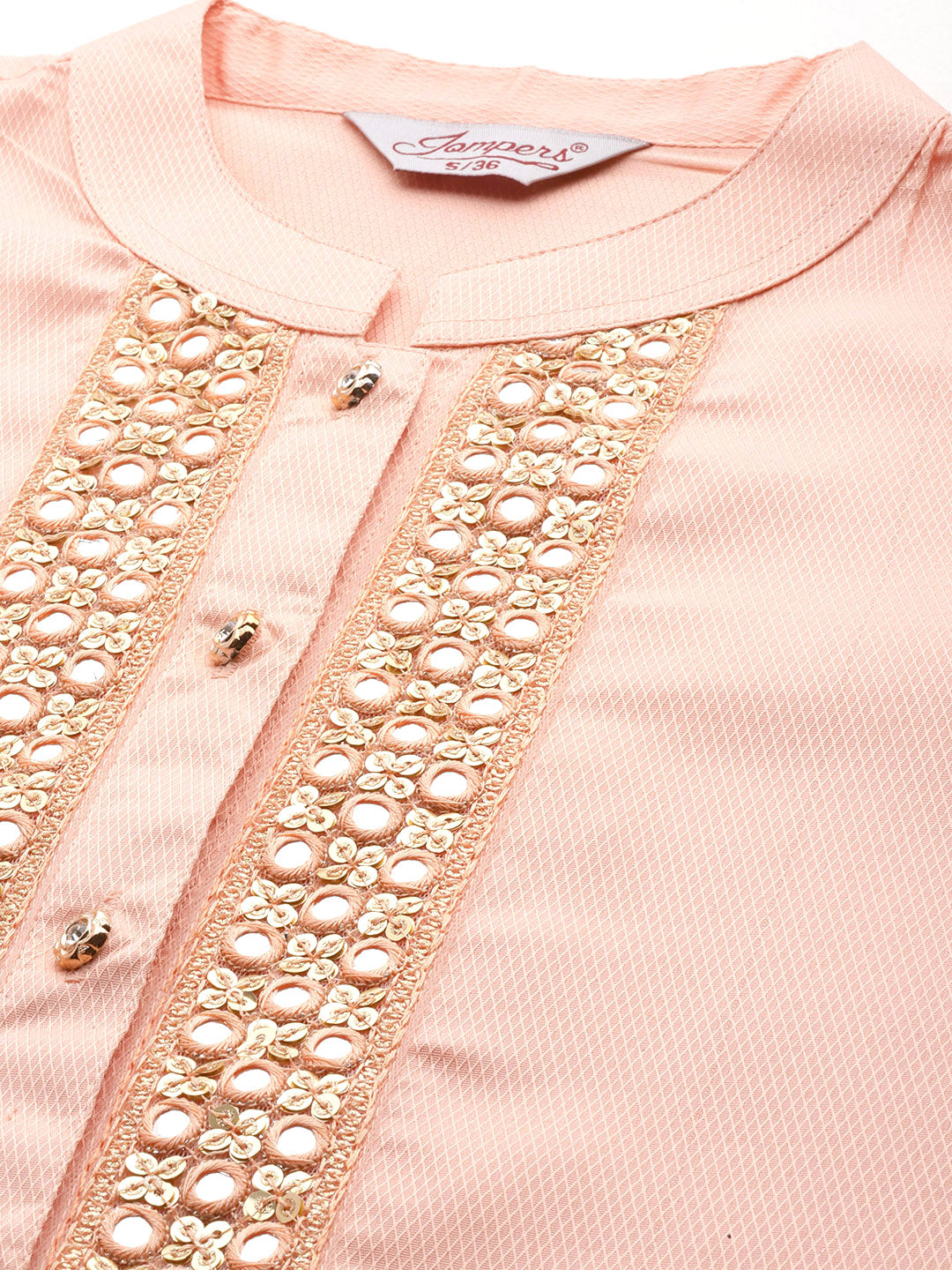 Jompers Women's Embroidered Mirror Work Kurta With Trousers & Dupatta - Peach - Distacart