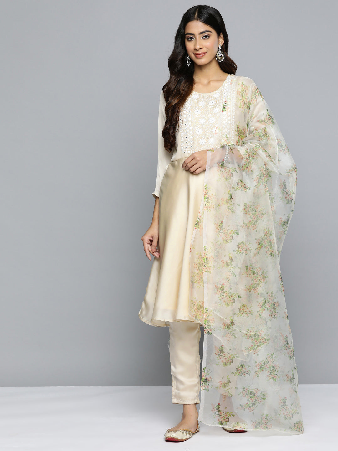 Jompers Women's Floral Embroidered Mirror Work Silk Georgette Kurta With Trousers & Dupatta - Beige - Distacart