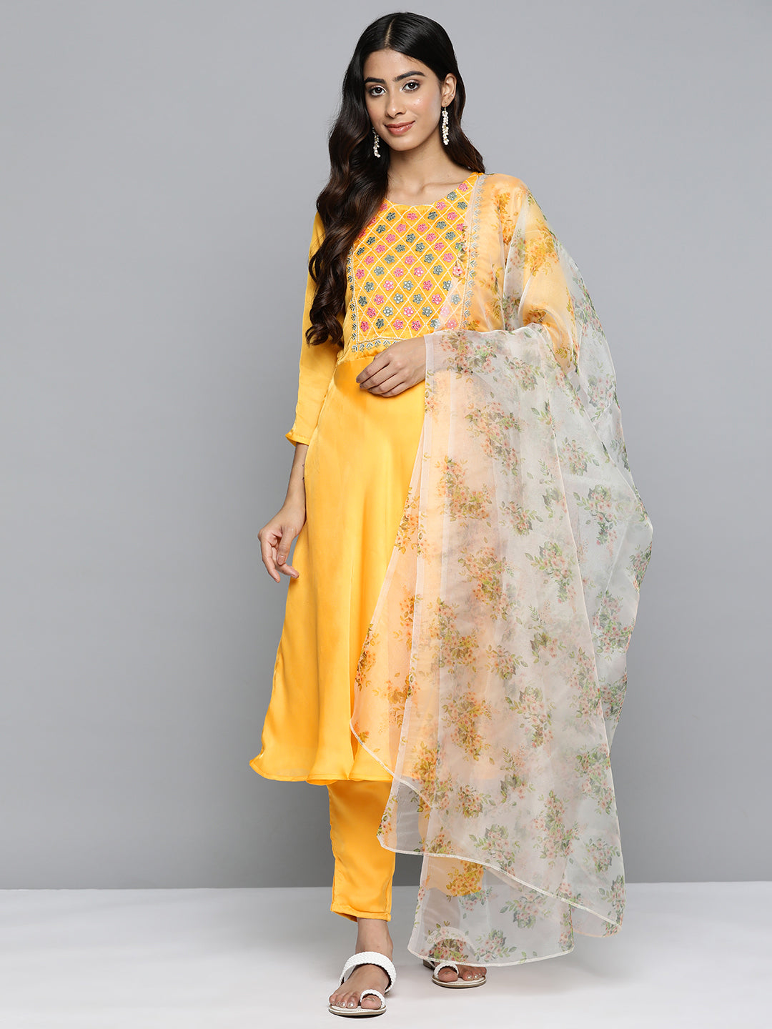 Jompers Women's Floral Embroidered Mirror Work Silk Georgette Kurta With Trousers & Dupatta - Yellow - Distacart