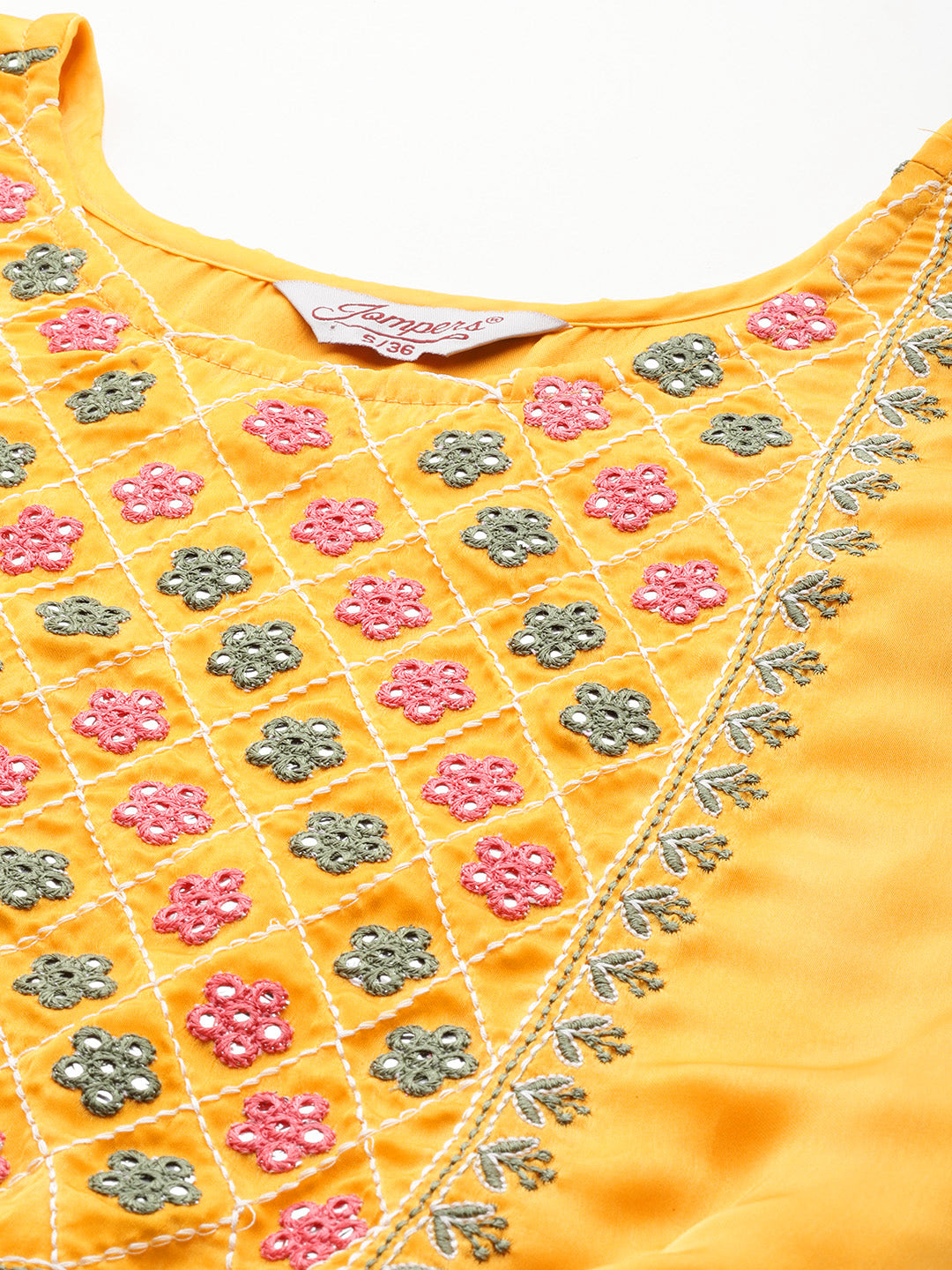 Jompers Women's Floral Embroidered Mirror Work Silk Georgette Kurta With Trousers & Dupatta - Yellow - Distacart