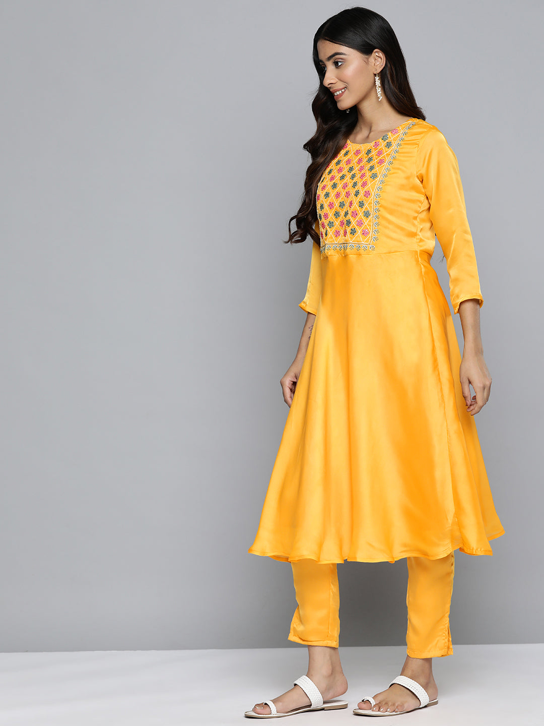 Jompers Women's Floral Embroidered Mirror Work Silk Georgette Kurta With Trousers & Dupatta - Yellow - Distacart