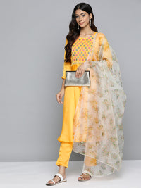Thumbnail for Jompers Women's Floral Embroidered Mirror Work Silk Georgette Kurta With Trousers & Dupatta - Yellow - Distacart