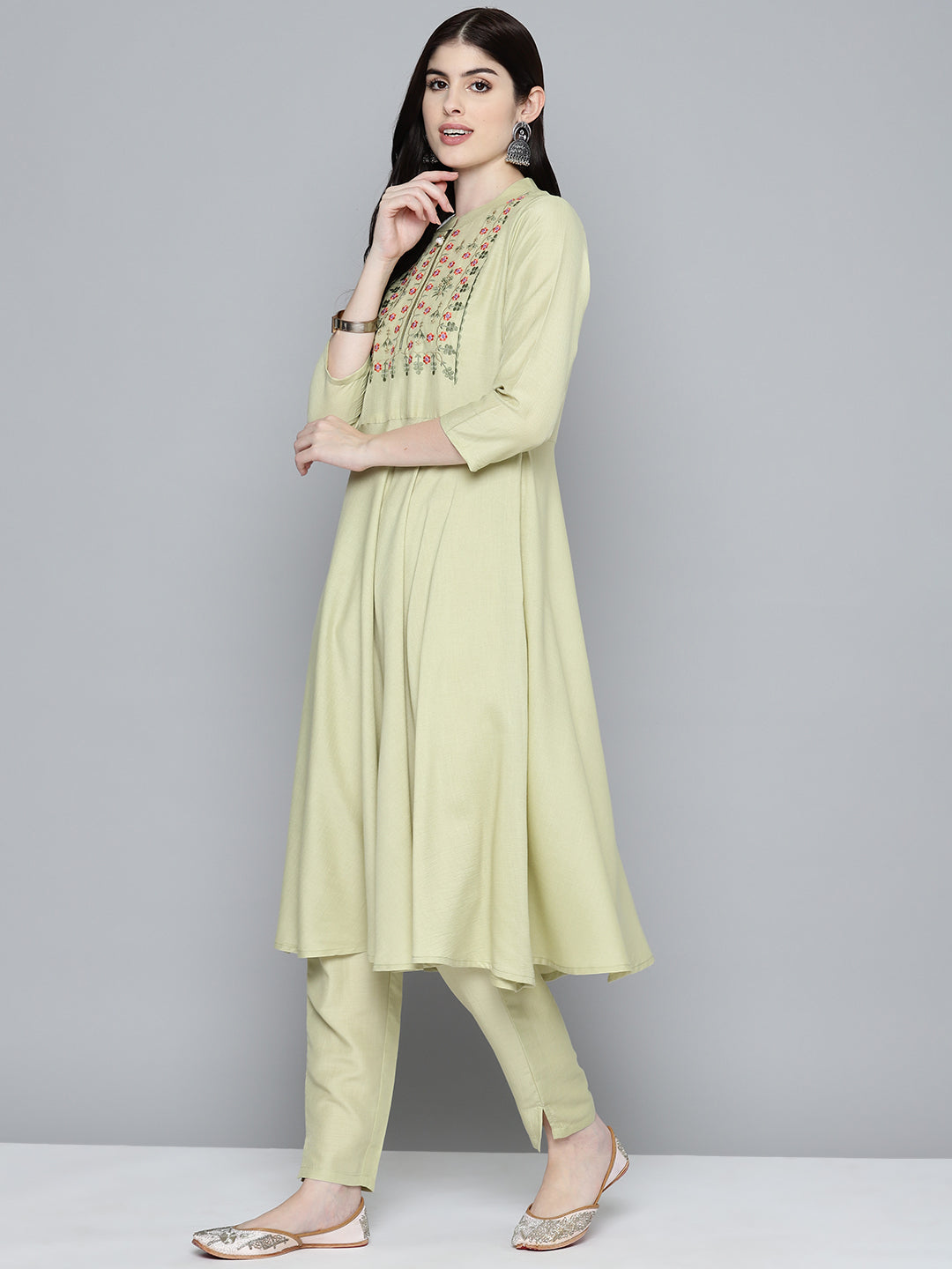 Jompers Women's Embroidered falred kurta, printed dupatta with pants - Lime - Distacart