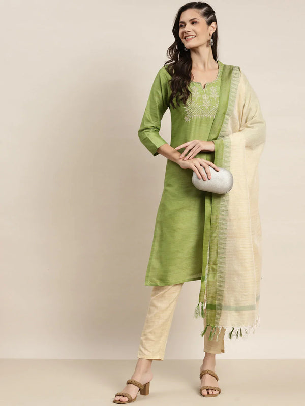 Jompers Women's Yoke Design Cotton Silk Kurta with Trousers & Dupatta - Green - Distacart