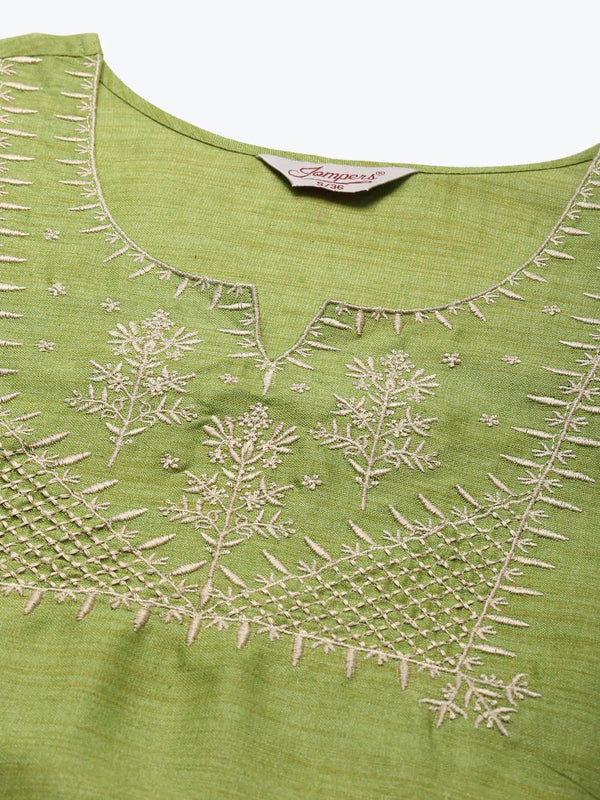 Jompers Women's Yoke Design Cotton Silk Kurta with Trousers & Dupatta - Green - Distacart