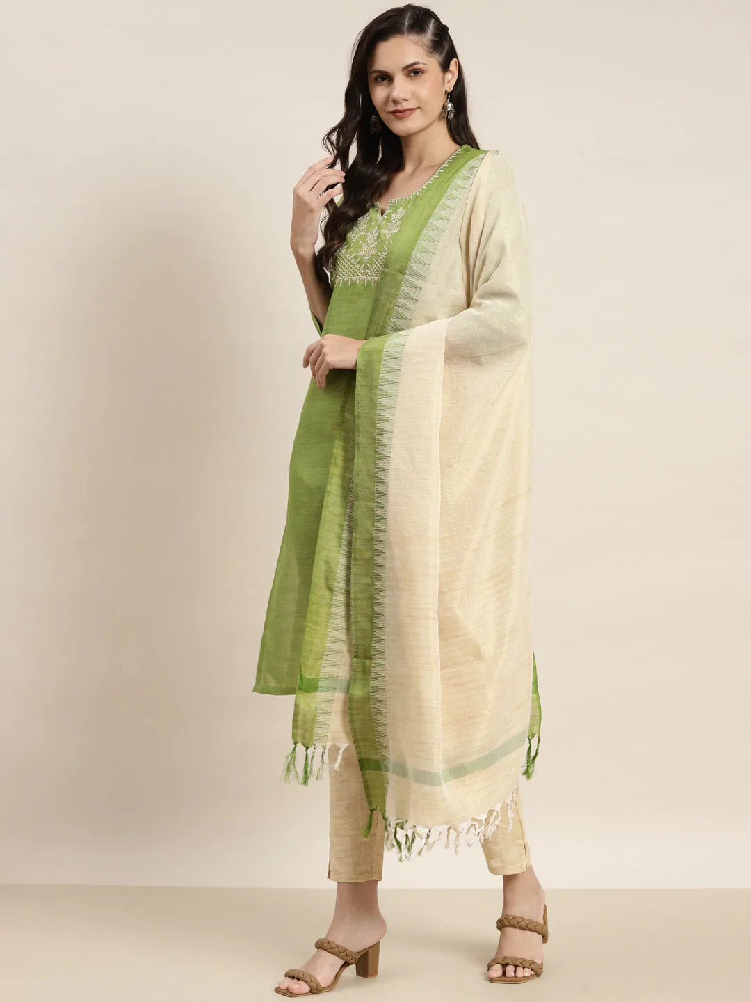 Jompers Women's Yoke Design Cotton Silk Kurta with Trousers & Dupatta - Green - Distacart