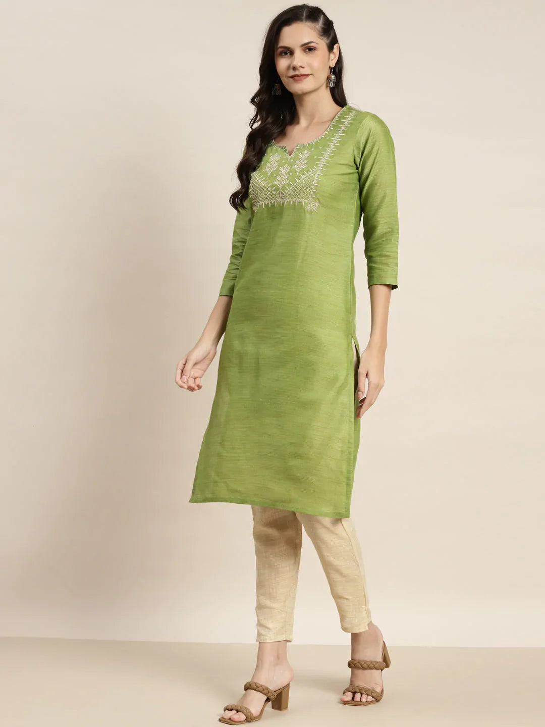 Jompers Women's Yoke Design Cotton Silk Kurta with Trousers & Dupatta - Green - Distacart