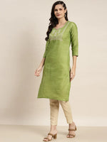 Thumbnail for Jompers Women's Yoke Design Cotton Silk Kurta with Trousers & Dupatta - Green - Distacart
