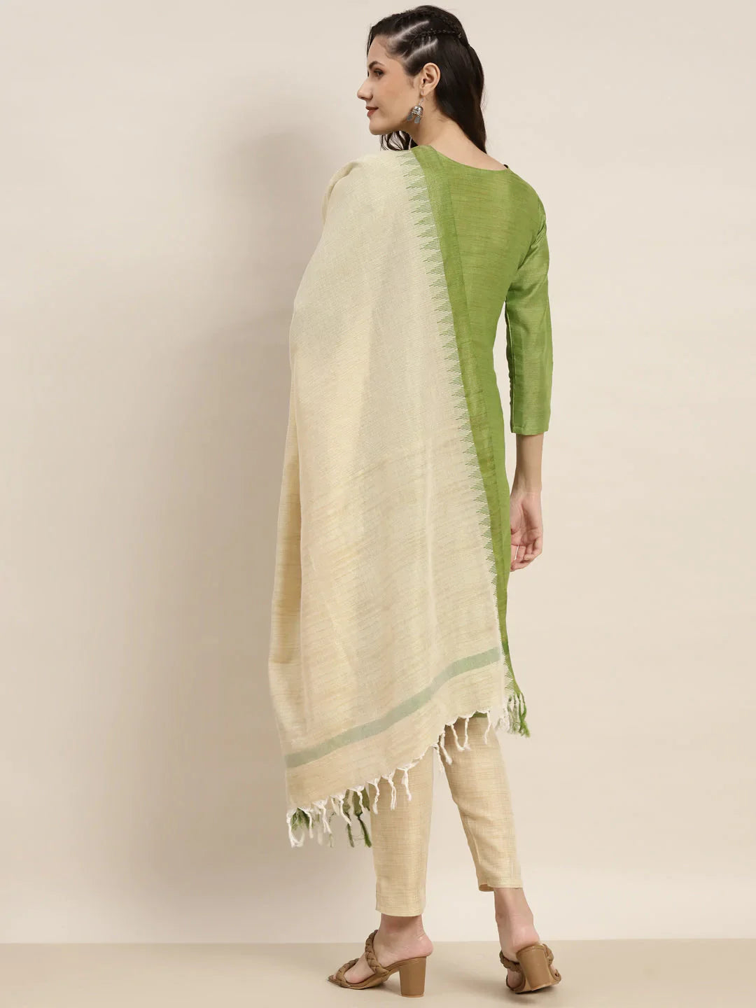 Jompers Women's Yoke Design Cotton Silk Kurta with Trousers & Dupatta - Green - Distacart