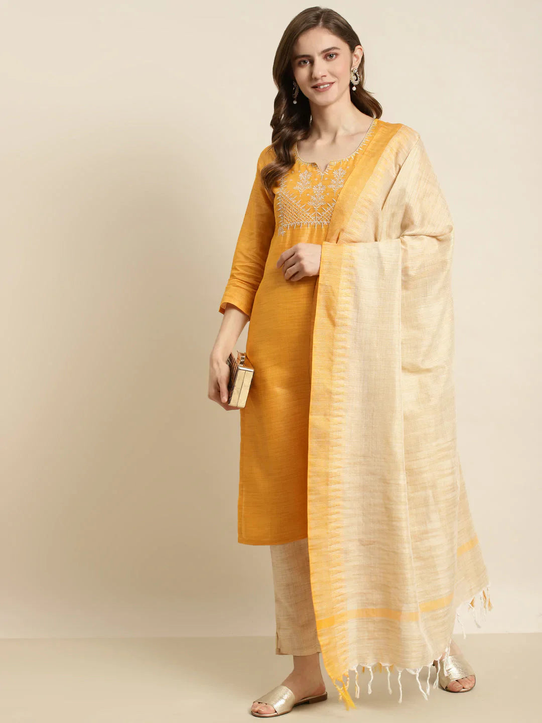 Jompers Women's Yoke Design Cotton Silk Kurta with Trousers & Dupatta - Yellow - Distacart