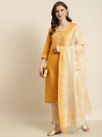 Thumbnail for Jompers Women's Yoke Design Cotton Silk Kurta with Trousers & Dupatta - Yellow - Distacart