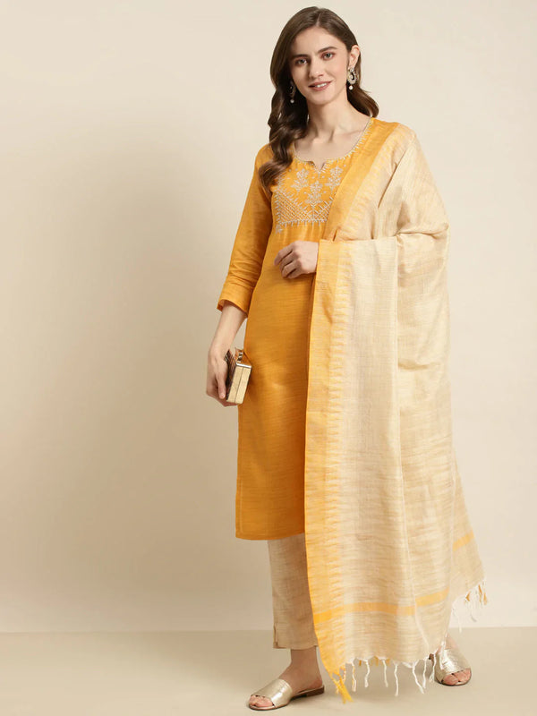 Jompers Women's Yoke Design Cotton Silk Kurta with Trousers & Dupatta - Yellow - Distacart