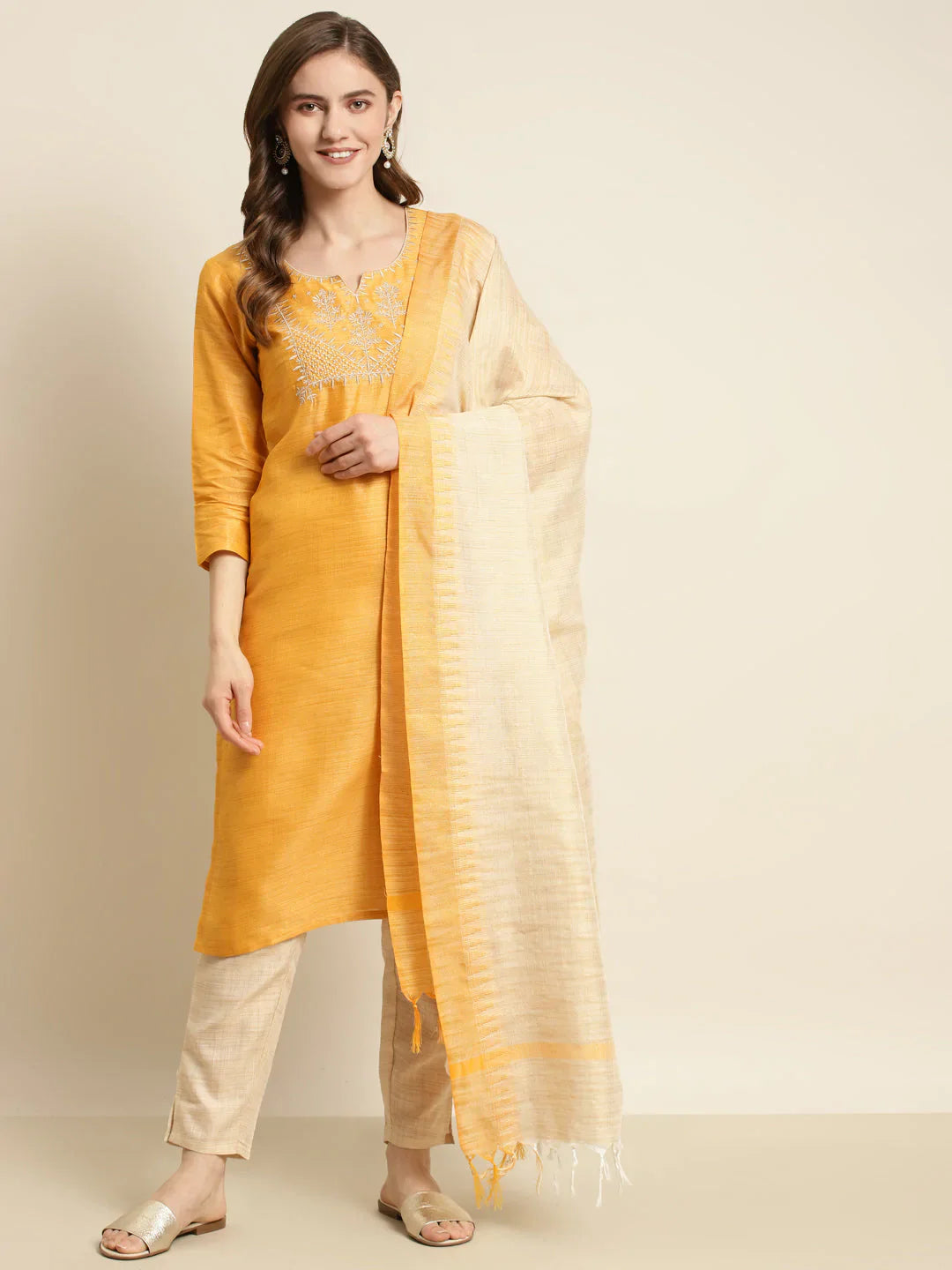 Jompers Women's Yoke Design Cotton Silk Kurta with Trousers & Dupatta - Yellow - Distacart