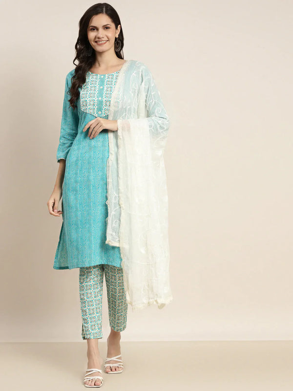 Jompers Women's Printed Gotta Patti Kurta with Trousers & Dupatta - Blue - Distacart