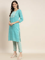 Thumbnail for Jompers Women's Printed Gotta Patti Kurta with Trousers & Dupatta - Blue - Distacart