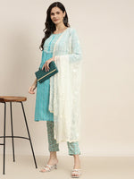 Thumbnail for Jompers Women's Printed Gotta Patti Kurta with Trousers & Dupatta - Blue - Distacart