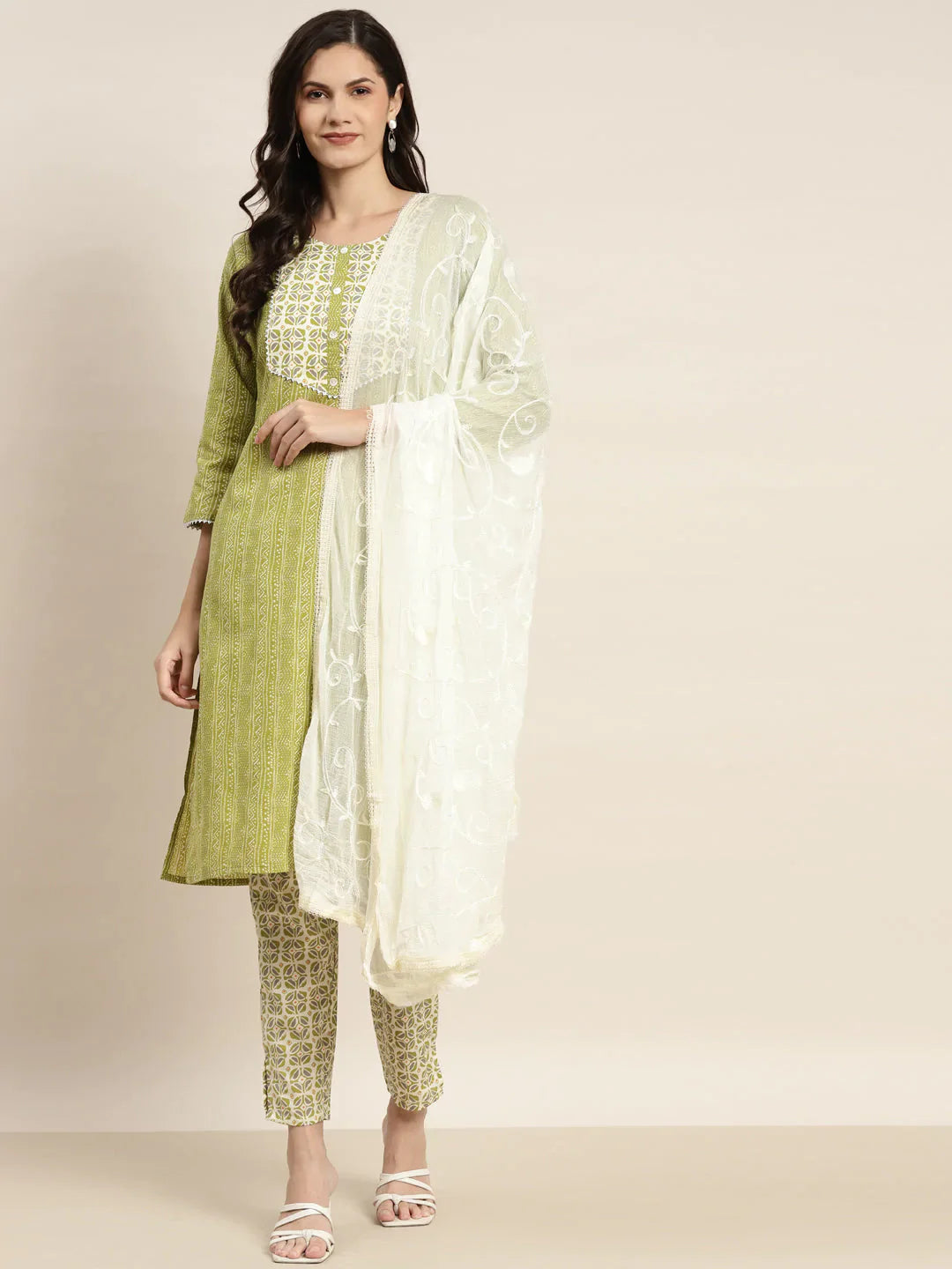 Jompers Women's Printed Gotta Patti Kurta with Trousers & Dupatta - Green - Distacart