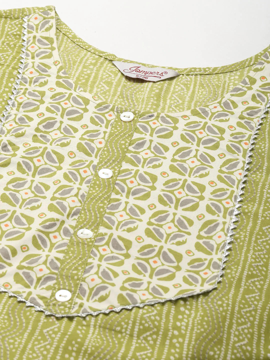 Jompers Women's Printed Gotta Patti Kurta with Trousers & Dupatta - Green - Distacart