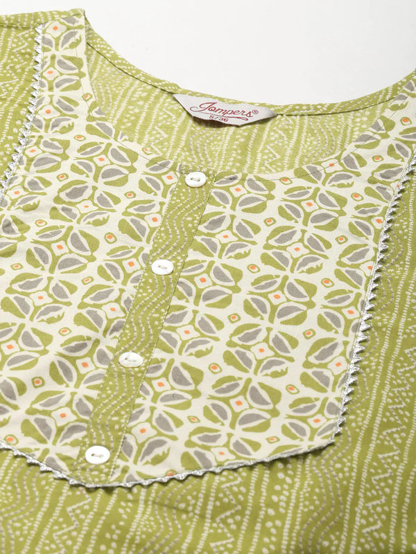 Jompers Women's Printed Gotta Patti Kurta with Trousers & Dupatta - Green - Distacart