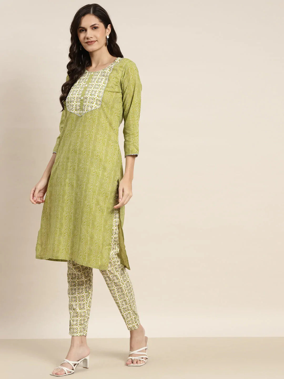 Jompers Women's Printed Gotta Patti Kurta with Trousers & Dupatta - Green - Distacart