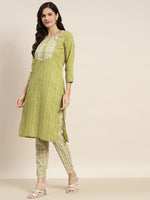 Thumbnail for Jompers Women's Printed Gotta Patti Kurta with Trousers & Dupatta - Green - Distacart