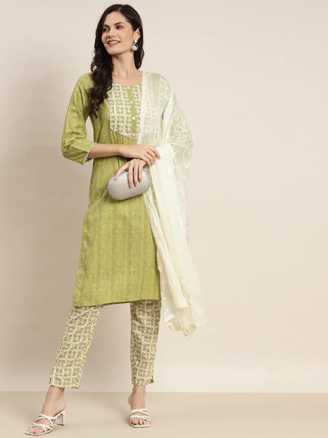 Jompers Women's Printed Gotta Patti Kurta with Trousers & Dupatta - Green - Distacart
