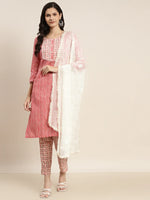 Thumbnail for Jompers Women's Printed Gotta Patti Kurta with Trousers & Dupatta - Red - Distacart