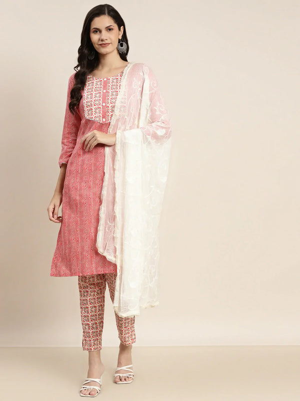 Jompers Women's Printed Gotta Patti Kurta with Trousers & Dupatta - Red - Distacart