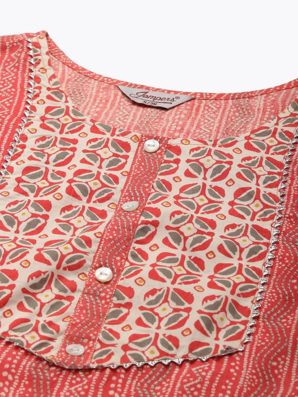 Jompers Women's Printed Gotta Patti Kurta with Trousers & Dupatta - Red - Distacart