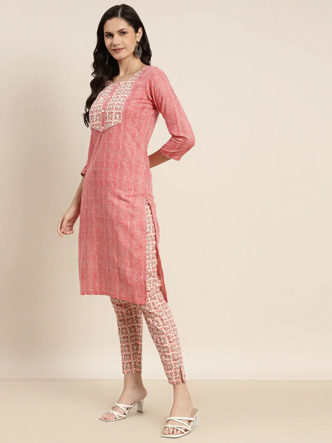 Jompers Women's Printed Gotta Patti Kurta with Trousers & Dupatta - Red - Distacart