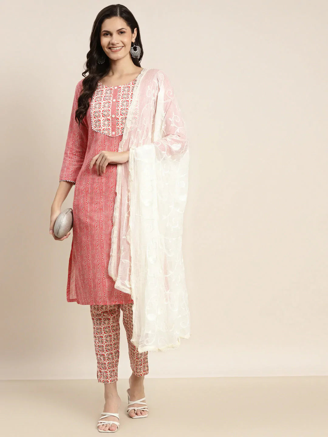Jompers Women's Printed Gotta Patti Kurta with Trousers & Dupatta - Red - Distacart