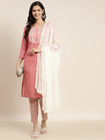 Thumbnail for Jompers Women's Printed Gotta Patti Kurta with Trousers & Dupatta - Red - Distacart