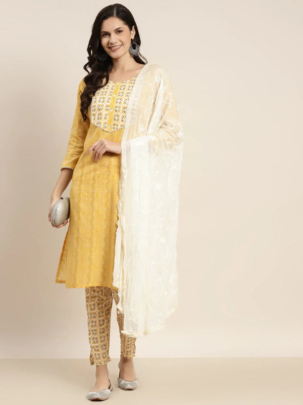 Jompers Women's Printed Gotta Patti Kurta with Trousers & Dupatta - Yellow - Distacart