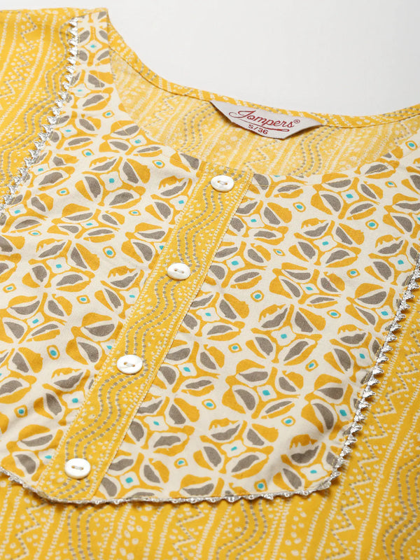Jompers Women's Printed Gotta Patti Kurta with Trousers & Dupatta - Yellow - Distacart