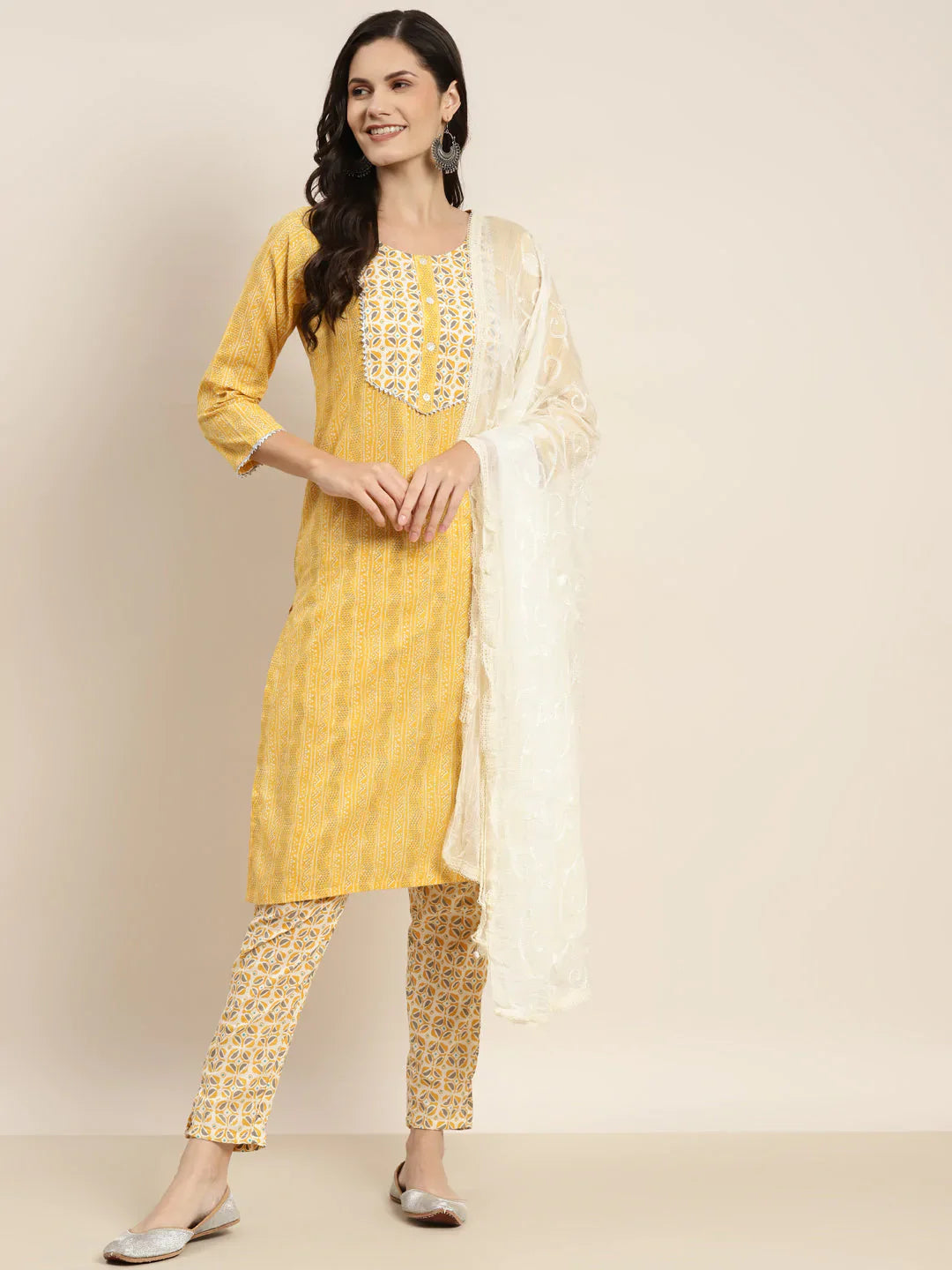 Jompers Women's Printed Gotta Patti Kurta with Trousers & Dupatta - Yellow - Distacart