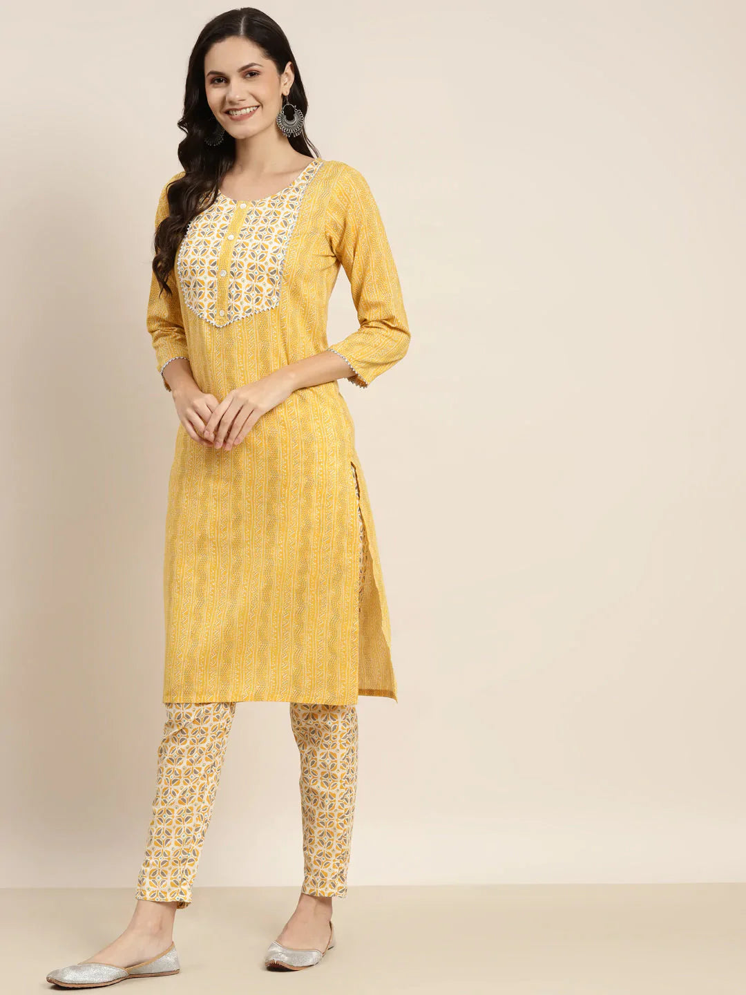 Jompers Women's Printed Gotta Patti Kurta with Trousers & Dupatta - Yellow - Distacart