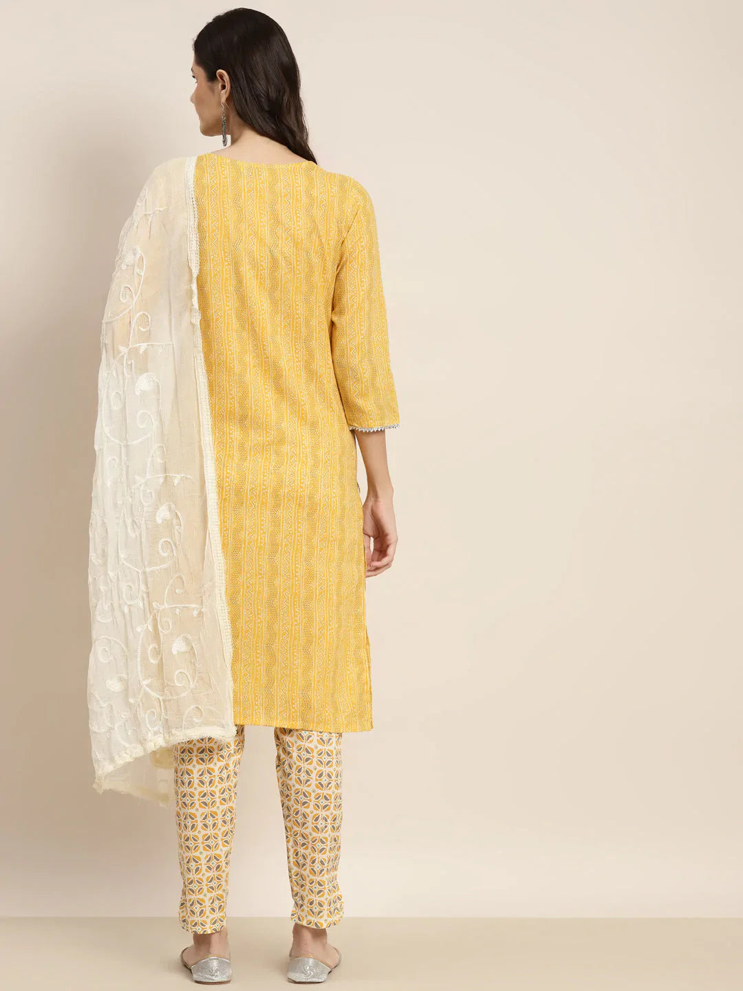 Jompers Women's Printed Gotta Patti Kurta with Trousers & Dupatta - Yellow - Distacart