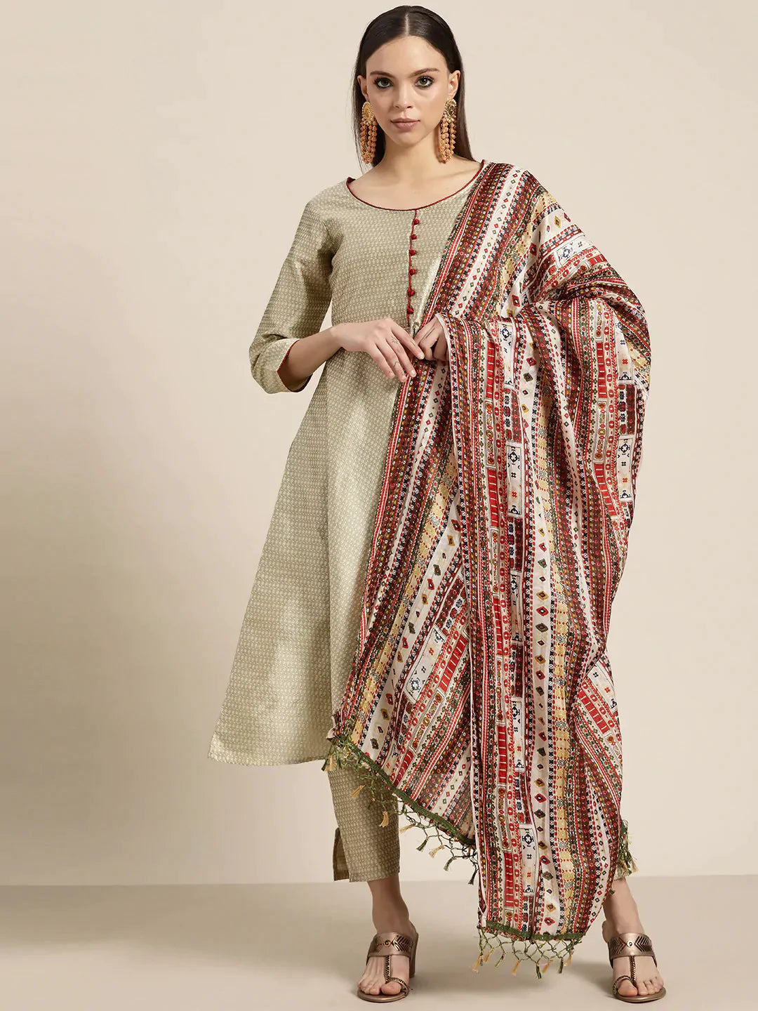 Jompers Women's Dupion Silk Jacquard Kurta with Trousers & Dupatta - Beige - Distacart