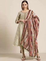 Thumbnail for Jompers Women's Dupion Silk Jacquard Kurta with Trousers & Dupatta - Beige - Distacart