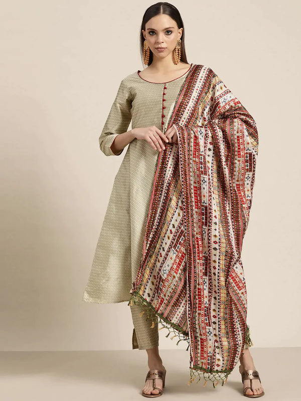 Jompers Women's Dupion Silk Jacquard Kurta with Trousers & Dupatta - Beige - Distacart