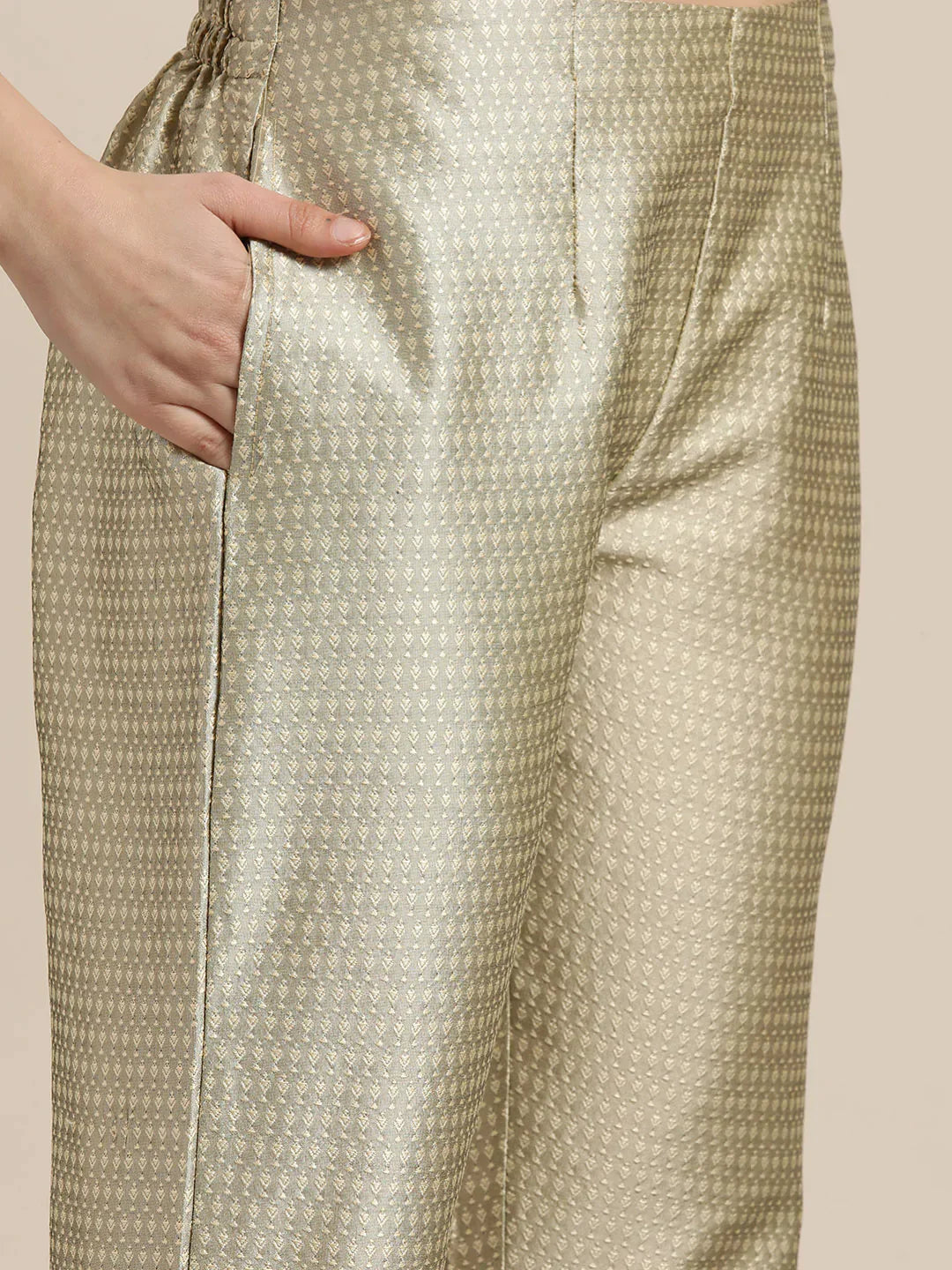 Jompers Women's Dupion Silk Jacquard Kurta with Trousers & Dupatta - Beige - Distacart