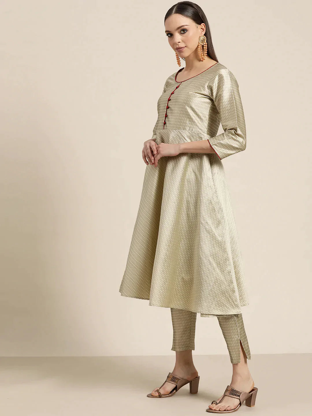 Jompers Women's Dupion Silk Jacquard Kurta with Trousers & Dupatta - Beige - Distacart