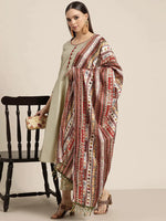 Thumbnail for Jompers Women's Dupion Silk Jacquard Kurta with Trousers & Dupatta - Beige - Distacart