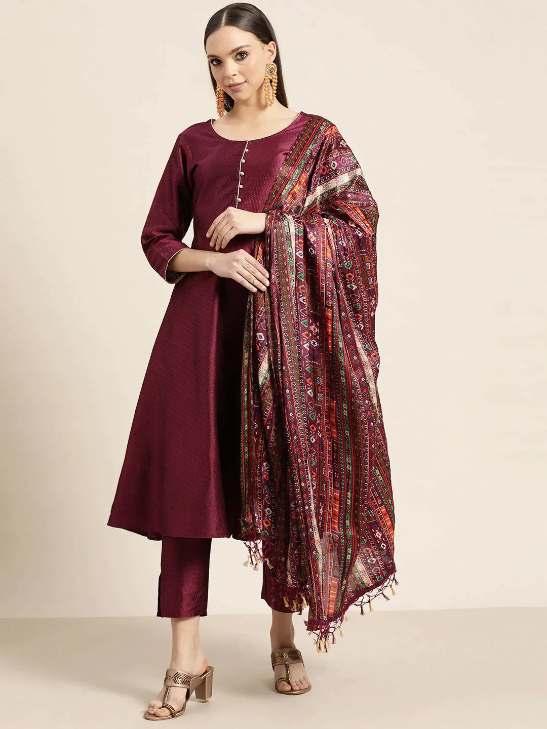 Jompers Women's Dupion Silk Jacquard Kurta with Trousers & Dupatta - Purple - Distacart