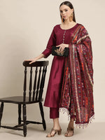 Thumbnail for Jompers Women's Dupion Silk Jacquard Kurta with Trousers & Dupatta - Purple - Distacart