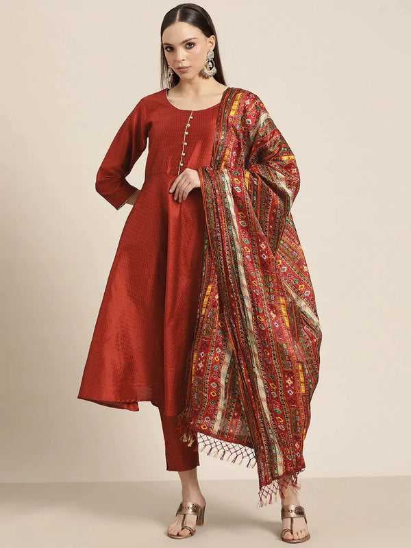 Jompers Women's Dupion Silk Jacquard Kurta with Trousers & Dupatta - Maroon - Distacart
