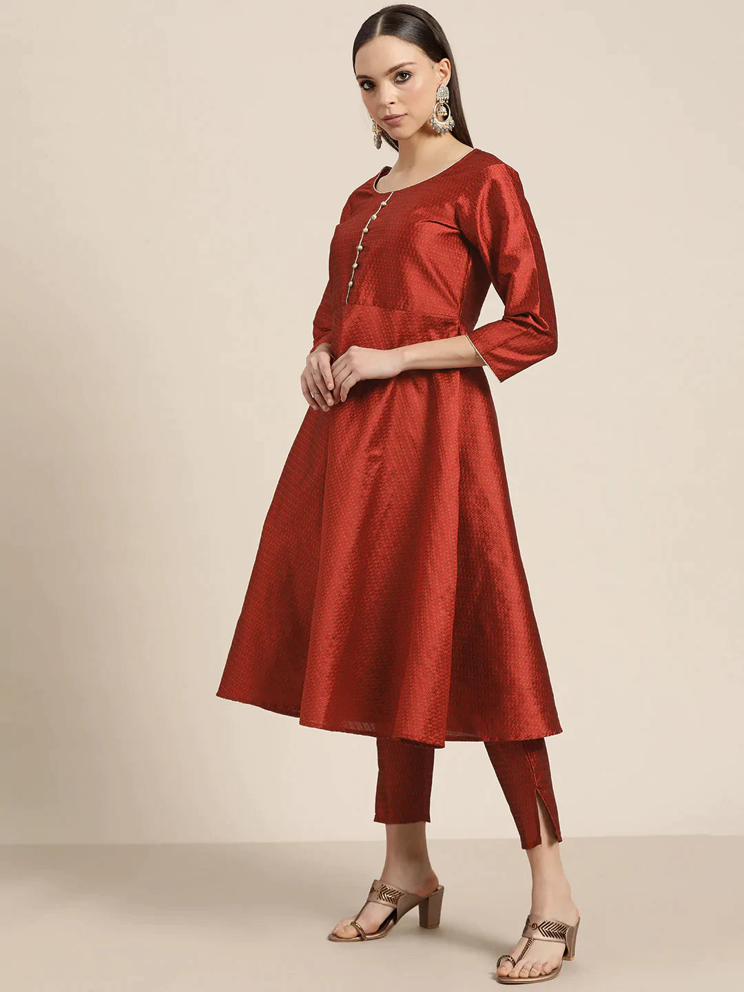 Jompers Women's Dupion Silk Jacquard Kurta with Trousers & Dupatta - Maroon - Distacart