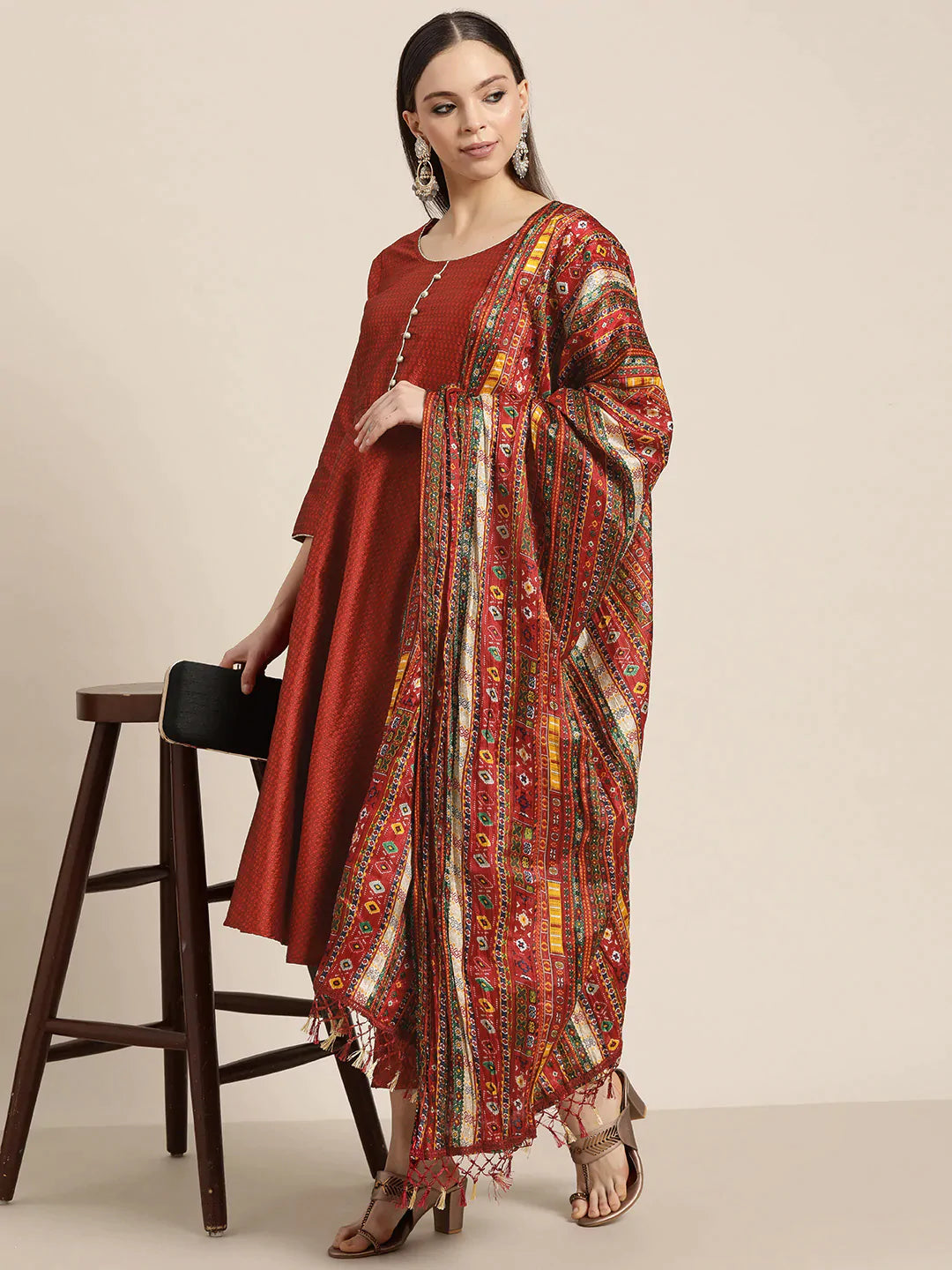 Jompers Women's Dupion Silk Jacquard Kurta with Trousers & Dupatta - Maroon - Distacart